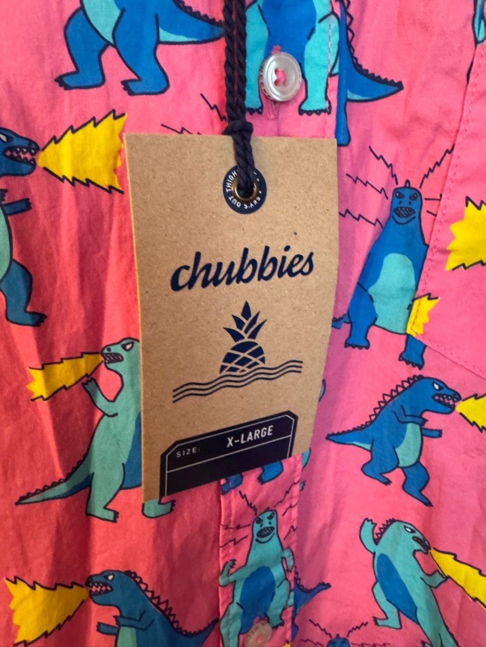 NWT Chubbies Pink Novelty Dino Short Sleeve Button-Up Shirt XL - Picture 4 of 5
